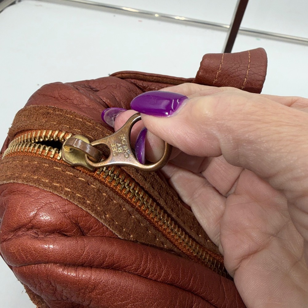 See by Chloe Terracotta Red Leather Bow Zipper Trim Shoulder Bag Tote - Picture 11 of 16